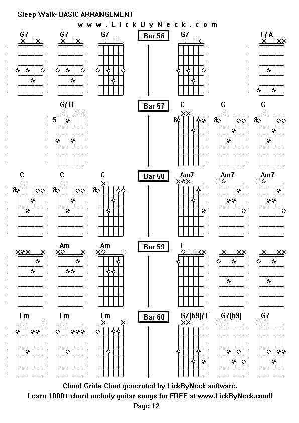 Chord Grids Chart of chord melody fingerstyle guitar song-Sleep Walk- BASIC ARRANGEMENT,generated by LickByNeck software.